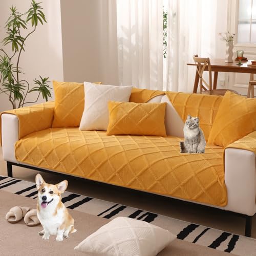 ouxei Modische, Minimalistische Sofabezüge Mit Rautenmuster – Rutschfester Schoner Aus Weichem Samt Für Sofas/Hunde Mit 2–4 Kissen(Yellow,70 * 150cm/27.6 * 59in) von ouxei