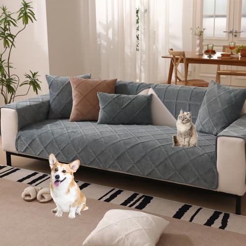 ouxei Modischer, Minimalistischer Sofabezug Aus Samt Mit Rautenmuster, rutschfest, Für 2/3/4-Kissen-Sofas(Grey,70 * 70cm/27.6 * 27.6in) von ouxei
