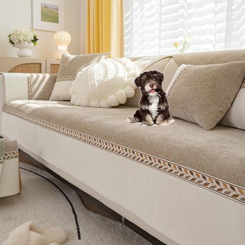 ouxei Patchwork-Sofabezug Aus Chenille – Rutschfester, Waschbarer Sofabezug Für Sofas Mit 2/3/4 Kissen Und Haustiere(Khaki,90 * 160cm/35.4 * 63in) von ouxei