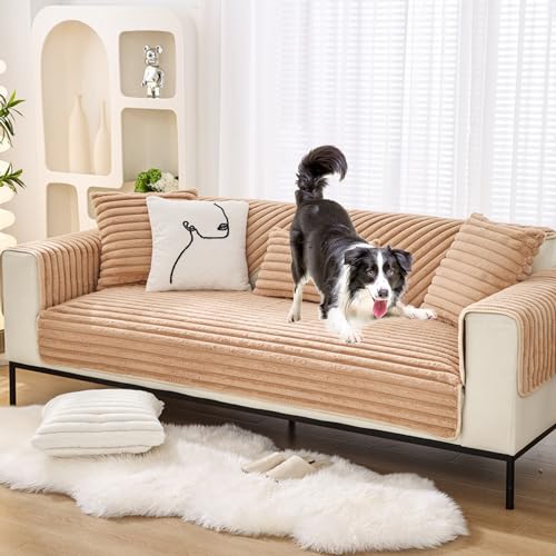 ouxei Plüsch-Sofabezüge Mit 3D-Streifen – Haustierfreundliche, rutschfeste Schonbezüge Für Sofas Mit 2–4 Kissen/L-Form(Curry,70 * 180cm/27.6 * 71in) von ouxei