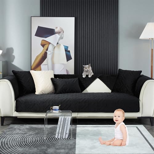 ouxei Plüsch-Sofabezug Aus Jacquard-Samt, Modernes L-förmiges Sofa Für 2–4 Kissen, rutschfest, Waschbar(Black,85 * 120cm/33.5 * 47in) von ouxei