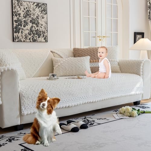 ouxei Rose Plüsch L-Form Anti-Kratz-Sofabezug Für 3-Kissen-Couch Rutschfester Waschbarer Schutz(Beige,110 * 210cm/43 * 83in) von ouxei