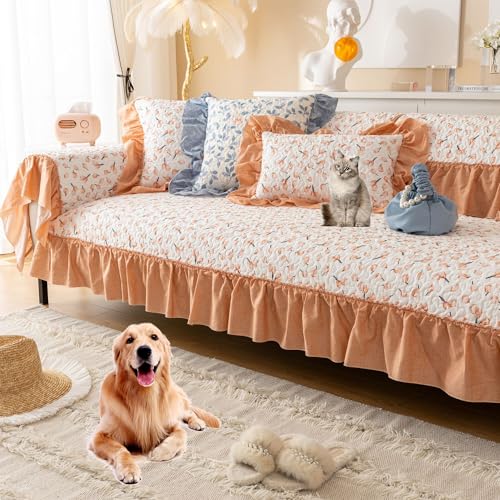 ouxei Rustikale Sofabezüge Mit Rock – rutschfeste, Waschbare Schoner Für Loveseat/2-4-Sitzer-Sofas(Orange,Pillowcase45*45cm) von ouxei