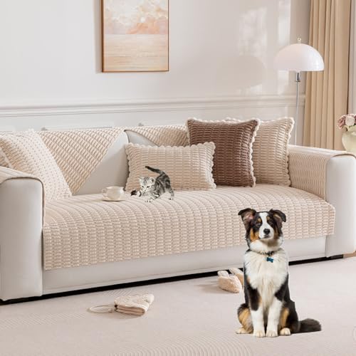 ouxei Rutschfester Sofabezug Aus Cord Für 3-Kissen-Couch, Einfarbig, Minimalistisch, L-/U-Form, 1–3 Sitze(Beige,110 * 240cm/43 * 94.5in) von ouxei