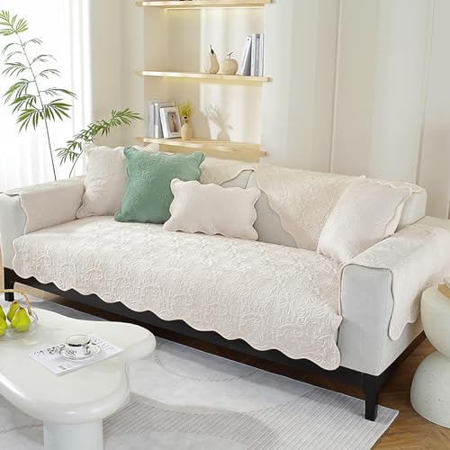 ouxei Samt-Sofabezug – Moderner Sofabezug Mit Wellenkante – Weicher, Verdickter, Rutschfester Schutz Für Hunde(White,110 * 210cm/43 * 83in) von ouxei