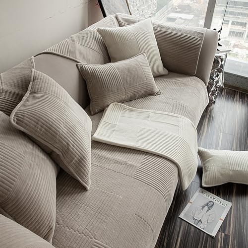 ouxei Schlichter Gestreifter Sofabezug Aus Plüsch – Moderner, Rutschfester L-förmiger Sofabezug Für 3-Kissen-Sofas, Waschbar(Khaki,90 * 240cm/35.4 * 94.5in) von ouxei