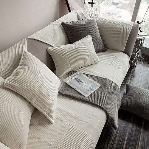 ouxei Schlichter Gestreifter Sofabezug Aus Plüsch – Moderner, Rutschfester L-förmiger Sofabezug Für 3-Kissen-Sofas, Waschbar(White,70 * 180cm/27.6 * 71in) von ouxei