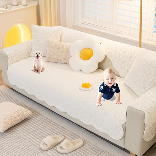 ouxei Sofabezüge Aus Chenille-Stoff In Volltonfarbe, Universeller Sofabezug Für Alle Jahreszeiten, Waschbar, Rutschfester Schutz(White,90 * 180cm/35.4 * 71in) von ouxei