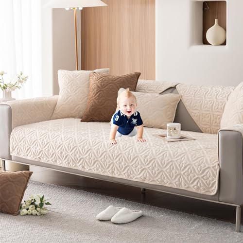 ouxei Sofabezüge Aus Jacquard-Samt Mit Blumenmuster – rutschfeste, Waschbare Schonbezüge Für Sofas Mit 2/3/4 Kissen In L-Form, Einfarbig(Beige,70 * 210cm) von ouxei