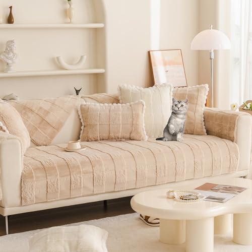 ouxei Sofabezüge Aus Plüschimitat Mit Kaninchenmotiv – Weicher, Rutschfester L-förmiger Schonbezug Für 1–4-Sitzer-Sofas, Waschbarer, Haustierfreundlicher Schutz(Khaki,70 * 180cm/27.6 * 71in) von ouxei