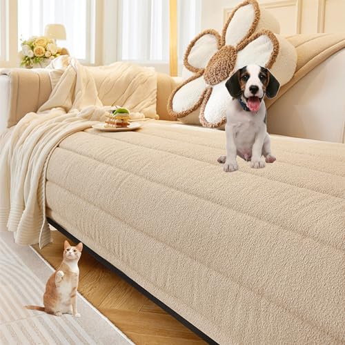 ouxei Sofabezug Aus Baumwollsamt, Einfarbig, rutschfest, Waschbar, Für Sofas Mit 2–4 Kissen Und Hunde(Khaki,90 * 180cm/35.4 * 71in) von ouxei