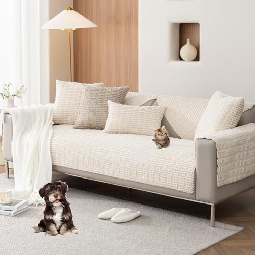 ouxei Sofabezug Aus Cord-Plüsch – Verdickter, Rutschfester 1-3-Sitzer Für Sofas Mit 3 Kissen, Hundefreundlich Und Waschbar(Beige,90 * 90cm/35.4 * 35.4in) von ouxei