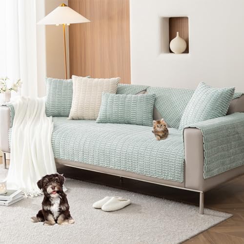 ouxei Sofabezug Aus Cord-Plüsch – Verdickter, Rutschfester 1-3-Sitzer Für Sofas Mit 3 Kissen, Hundefreundlich Und Waschbar(Green,70 * 180cm/27.6 * 71in) von ouxei