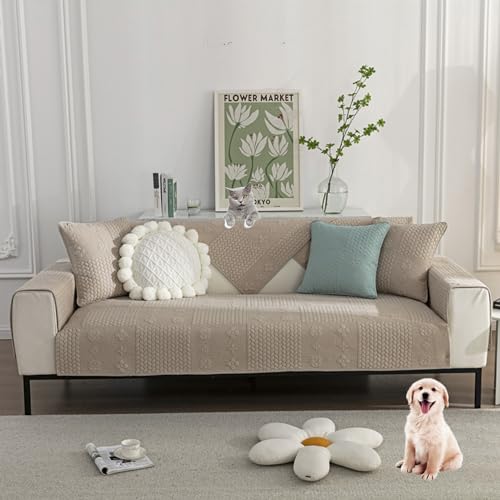 ouxei Sofabezug Aus Gewaschener Baumwolle Für 3-Kissen-Sofa, rutschfest, Moderne Volltonfarbe, Weicher Sofaschutz Für Haustiere(Khaki,110 * 110cm/43 * 43in) von ouxei