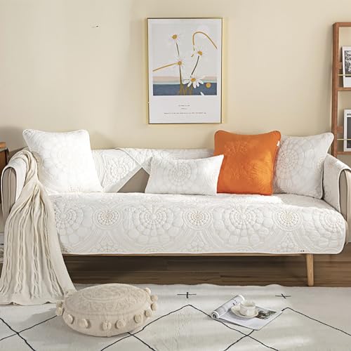 ouxei Sofabezug Aus Gewaschener Baumwolle Im Ethnischen Stil Für 1–4 Kissencouch, Rutschfester, Waschbarer Haustierschutz(White,90 * 210cm/35.4 * 83in) von ouxei