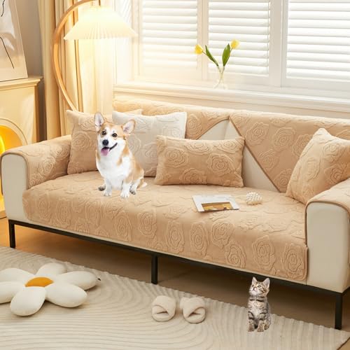 ouxei Sofabezug Aus Plüsch Mit Rosen-Jacquardmuster, rutschfest, L-Form, 3/2/1/4-Sitzer, Waschbar, Haustierschutz(Khaki,90 * 120cm/35.4 * 47in) von ouxei