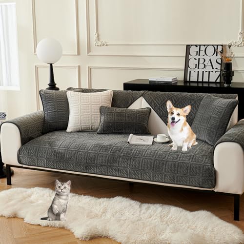 ouxei Sofabezug Aus Samt Für L-förmige 2-4-Sitzer – Rustikale Volltonfarbe, Kratzfest, rutschfest, Haustierfreundlich(Dgray,90 * 210cm/35.4 * 83in) von ouxei