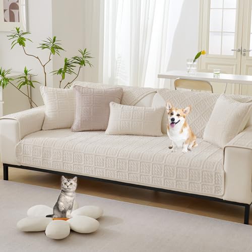 ouxei Sofabezug Aus Samt – Rustikaler, Einfarbiger, Kratzfester Und Rutschfester Schutz Für L-förmige 2-/3-/4-Sitzer-Sofas – Weiches Grau Für Haustiere(Beige,70 * 150cm/27.6 * 59in) von ouxei