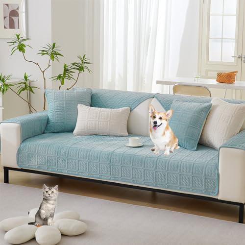 ouxei Sofabezug Aus Samt – Rustikaler, Einfarbiger, Kratzfester Und Rutschfester Schutz Für L-förmige 2-/3-/4-Sitzer-Sofas – Weiches Grau Für Haustiere(Blue,70 * 150cm/27.6 * 59in) von ouxei