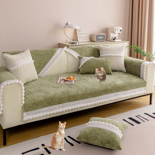 ouxei Sofabezug Aus Waffelsamt – rutschfest, Waschbar, Für 2-/3-/4-Sitzer-Sofas In L-Form, Haustierfreundlich(Green,Pillowcover45*45cm) von ouxei
