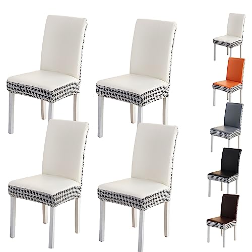 ouxei Stretch-Stuhlhussen aus PU-Leder, 1er-/2er-/4er-/6er-Set – wasserdichte Patchwork-Schonbezüge für das Esszimmer(White 4pcs) von ouxei