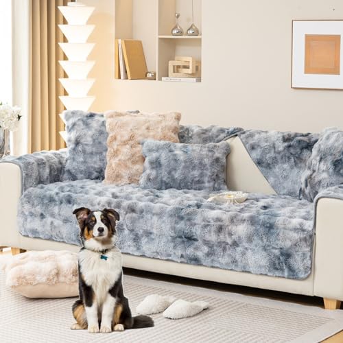 ouxei Verdickter Plüsch-Sofabezug In L-Form Für 1–4 Kissen, Rutschfester Schutz Für Couch, Zweisitzer, Liege(Blue,110 * 180cm/43 * 71in) von ouxei