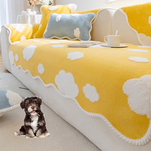 ouxei Wave Edge Soft Fuzzy Plüsch Couchbezug rutschfest Waschbar Für 3 Kissen Sofa Protector(Yellow,Pillow17.7 * 17.7in) von ouxei