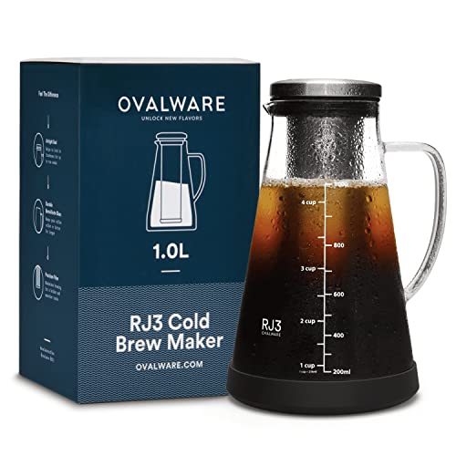 ovalware Cold Brew Coffee Maker - Luftdichte Kaffeemaschine für kalten Kaffee und Teesieb mit Ausguss RJ3 Brühglaskaraffe mit (1.0 Liter) von ovalware
