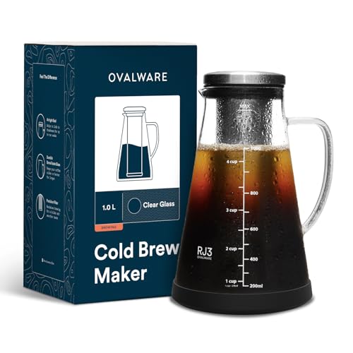 ovalware Cold Brew Coffee Maker - Luftdichte Kaffeemaschine für kalten Kaffee und Teesieb mit Ausguss RJ3 Brühglaskaraffe mit (1.0 Liter) von ovalware