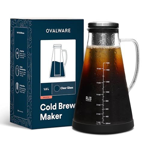ovalware Cold Brew Coffee Maker - Luftdichte Kaffeemaschine für kalten Kaffee und Teesieb mit Ausguss RJ3 Brühglaskaraffe mit (1.5 Liter) von ovalware