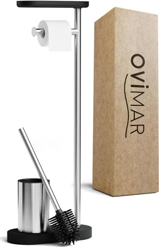 ovimar 3-in-1 Stand WC-Garnitur Lagemade in Silber | WC Bürstengarnitur mit Silikonbürstenkopf, WC Rollenhalter und Smartphone Ablage | Sehr platzsparend | | Eleganter Badezimmer Organizer Edelstahl von ovimar