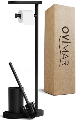 ovimar 3-in-1 Stand WC-Garnitur Tysnes in schwarz | WC Bürstengarnitur mit Silikonbürstenkopf, WC Rollenhalter und Smartphone Ablage | Platzsparend | | Eleganter Badezimmer Organizer in Edelstahl von ovimar