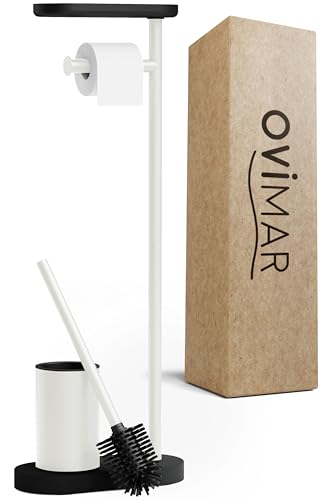 ovimar 3-in-1 Stand WC-Garnitur Vradal in Weiß | WC Bürstengarnitur mit Silikonbürstenkopf, WC Rollenhalter und Smartphone Ablage | Sehr platzsparend | Eleganter Badezimmer Organizer Edelstahl von ovimar