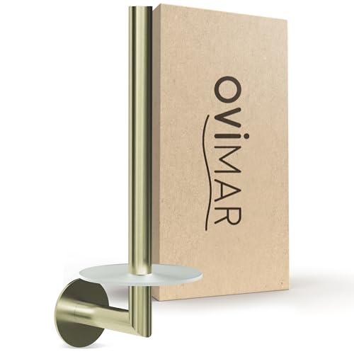 ovimar Ersatzrollenhalter Giskesanden Gold zum Kleben 3M | aus Edelstahl und Glas | Toilettenpapier Rollen Aufbewahrung ohne Bohren selbstklebend bis zu 2 Rollen | auch als Küchenrollenhalter von ovimar