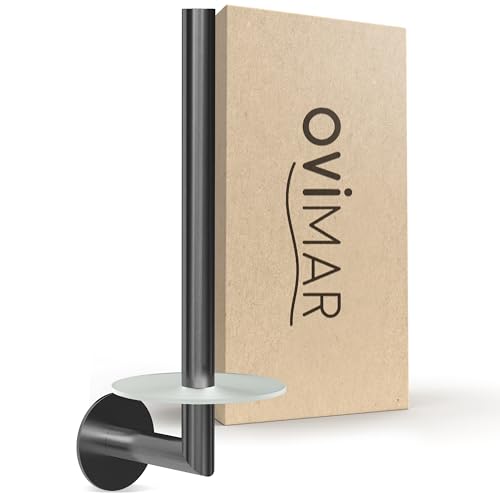 ovimar Ersatzrollenhalter Sentraltind Gunmetal zum Kleben 3M | aus Edelstahl und Glas | Toilettenpapier Rollen Aufbewahrung ohne Bohren selbstklebend bis zu 2 Rollen | auch als Küchenrollenhalter von ovimar