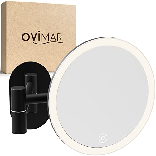 ovimar Kosmetikspiegel Leinoya | mit Beleuchtung | wiederaufladbar | Wandmontage ohne Bohren | im Badezimmer | 5fach Vergrößerungsspiegel | Schminkspiegel mit Licht | 360 Grad von ovimar