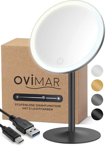 ovimar Kosmetikspiegel Skorpa schwarz | mit Beleuchtung | wiederaufladbar | freistehend | im Badezimmer | 5fach Vergrößerungsspiegel | Schminkspiegel mit Licht | 360 Grad Spiegel von ovimar