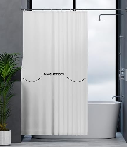 ovimar Magnetischer Duschvorhang Langfossen weiß waschbar schnelltrocknend Anti Schimmel Duschvorhang 180 x 200 cm Vorhang Blickdicht für Badewanne oder Dusche von ovimar