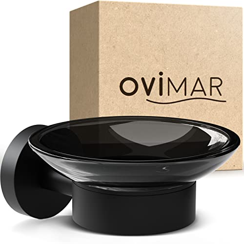ovimar Seifenschale Nederlandsoya | mit Halter für die Wandmontage | Edelstahl | schwarz | zum Bohren | herausnehmbares Glas für das Bad oder auch die Küche als Seifenablage zur Aufbewahrung von ovimar