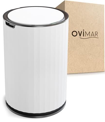 ovimar Sensor Badeimer Dueodde | Weiss | Touchless Sensorfunktion | Kosmetikeimer Rund | Eimer mit Deckel | 7l (Liter) | auch als Windeleimer geeignet | Mülleimer für Bad oder Küche als Abfalleimer von ovimar