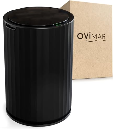 ovimar Sensor Badeimer Senja | Schwarz | Sensor Mülleimer | Kosmetikeimer rund | Eimer mit Deckel | 7l (Liter) | auch als Windeleimer | stylischer Mülleimer fürs Bad oder die Küche als Abfalleimer von ovimar