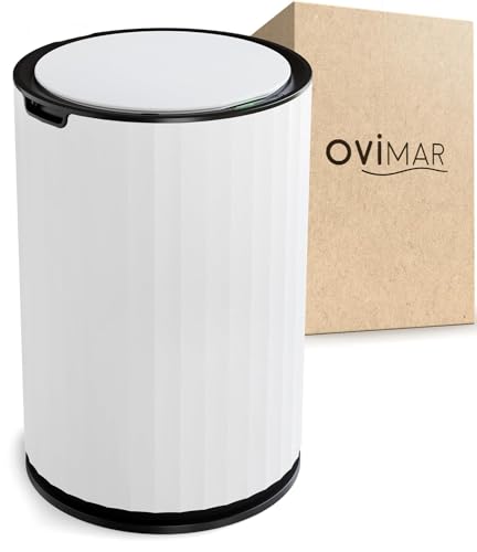 ovimar Sensor Badeimer Strib | Weiss | Sensor Mülleimer | Kosmetikeimer rund | Eimer mit Deckel | 7l (Liter) | auch als Windeleimer | stylischer Mülleimer fürs Bad oder die Küche als Abfalleimer von ovimar