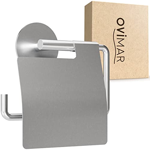 ovimar Toilettenpapierhalter Hanstholm ohne Bohren silber | Klorollenhalter selbstklebend in Edelstahl | Klorollenhalter mit Deckel | WC Rollenhalter mit Absenkdämpfung zum Kleben 3M | WC Papierhalter von ovimar