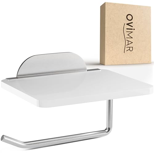 ovimar Toilettenpapierhalter Helnaes Papierrollenhalter mit Glasablage Silber 3M | Klopapierhalter selbstklebend zum Kleben | Klorollenhalter mit Ablage | WC Rollenhalter Silber von ovimar