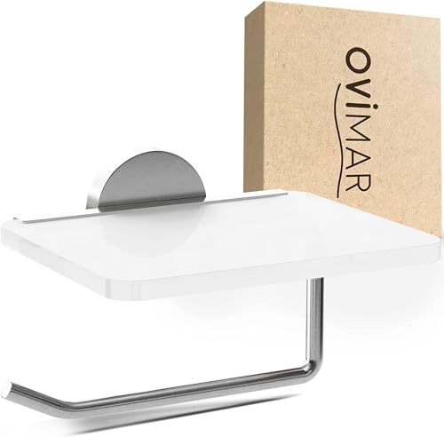 ovimar Toilettenpapierhalter Helnaes Papierrollenhalter mit Glasablage Silber | Klopapierhalter zum Bohren oder Kleben | Klorollenhalter mit Ablage | WC Rollenhalter Silber von ovimar