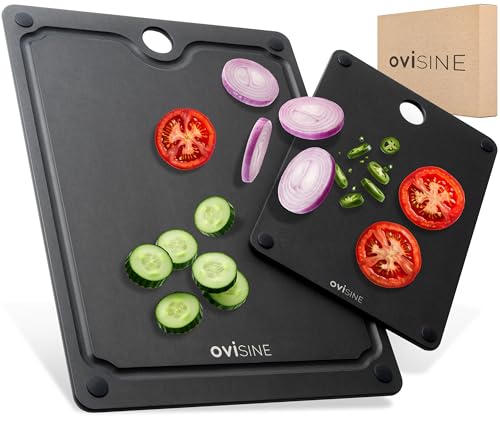 ovisine Schneidebretter-Set Lyons | mit Saftrille | Frühstücksbrettchen spülmaschinenfest | rutschfest | aus Kunststoff und Holzfaser | Küche | Schneidebrett | L 37 x B 27,5 / L 25 x B 19 cm von ovisine