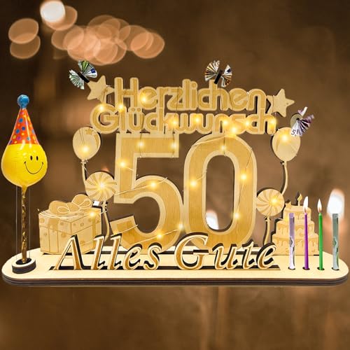 owlfun Geldgeschenke Geburtstag 50， Holz-Schild Gästebuch Geburtstag 50，LED Geschenke zum 50 Geburtstag Frauen & Männer,Holz Schild Gästebuch mit Vase und Kerzenhalter DekoGeburtstagsgeschenk von owlfun