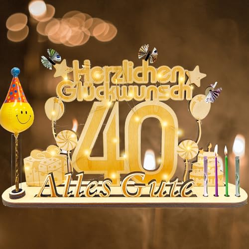 owlfun Geldgeschenke Geburtstag 40， Holz-Schild Gästebuch Geburtstag 40，LED Geschenke zum 40 Geburtstag Frauen & Männer,Holz Schild Gästebuch mit Vase und Kerzenhalter DekoGeburtstagsgeschenk von owlfun