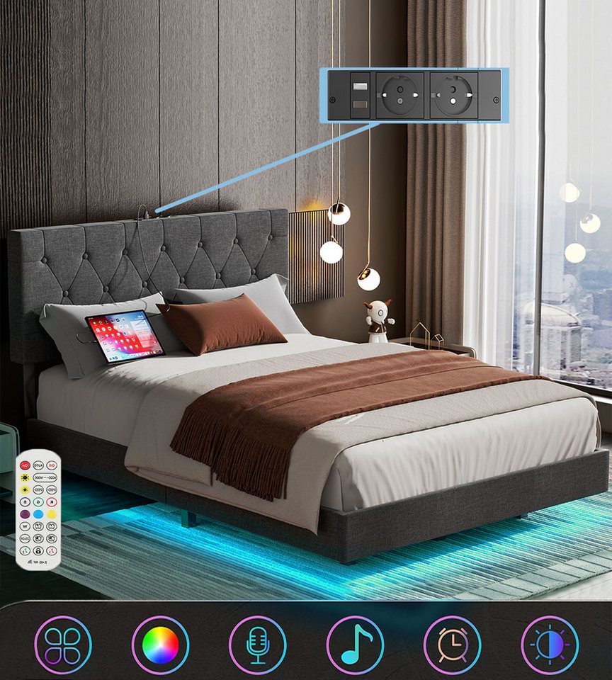oyajia Bettgestell Doppelbett 140x200cm mit Lattenrost, Schwebebett Gestell mit LED Licht, Modernes Metallbett, Ganzmetall-Stützsystem, einfache Montage, Schwarz von oyajia