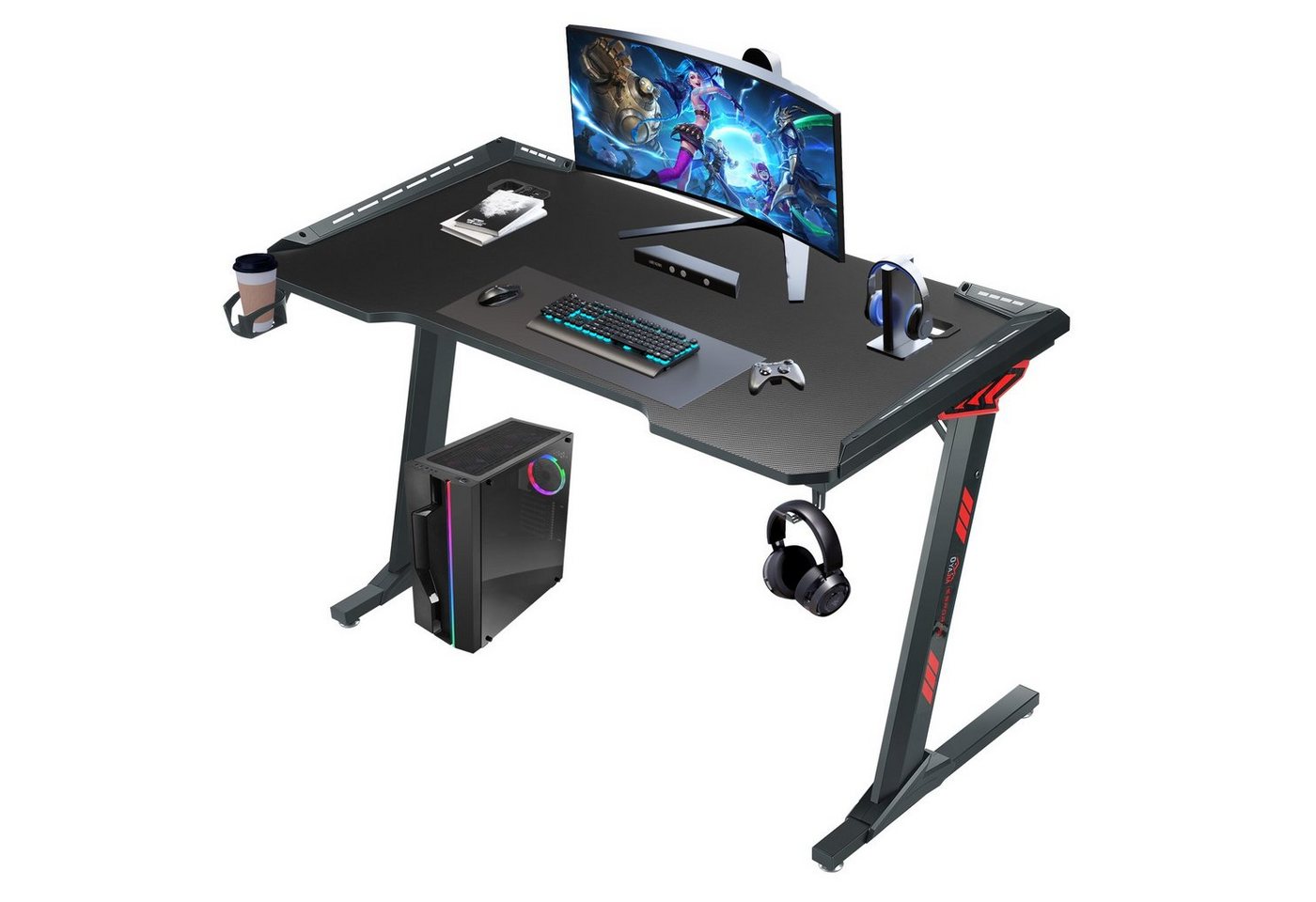 oyajia Computertisch Gaming-Tisch mit LED,120/140cm Gaming Schreibtisch Gamer Computertisch, Gamingtisch mit USB-Anschluss, Getränkehalter und Kopfhörerhalter von oyajia